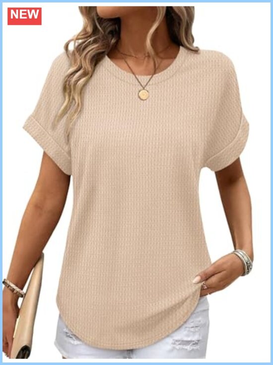 Tops - Waffle Knit Short Sleeve Crew Neck Top Women Loose Fit Summer Tee Tunic Curved